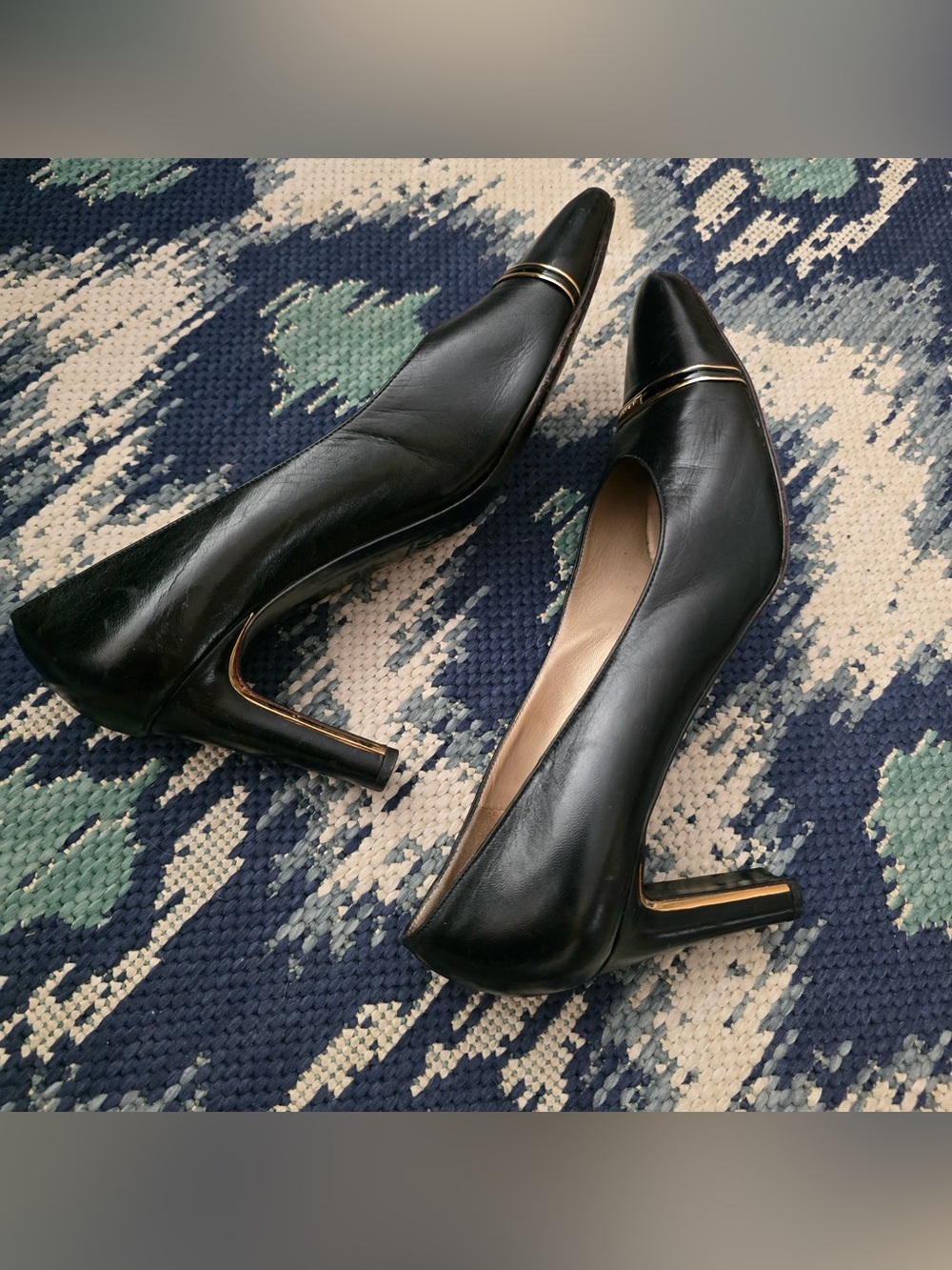 St. John Black Leather Pointed Toe Pumps with Gold Accent